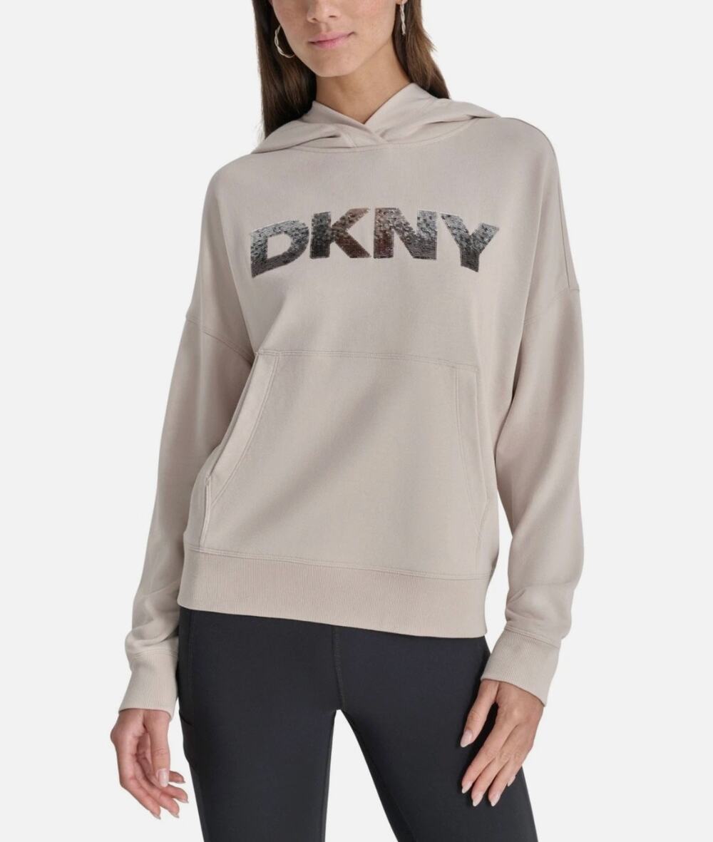 DKNY Women's Sequin Hoodie Medium Taupe Beige Pullover Sweatshirt NWT